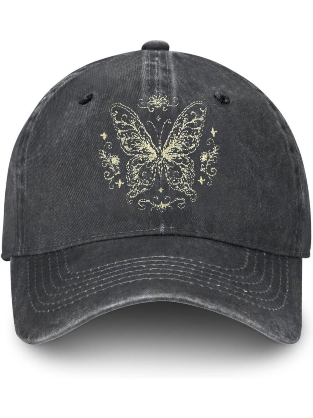 Unisax Butterfly Polyester Embroidered Adjustable Washed Denim Baseball Hats